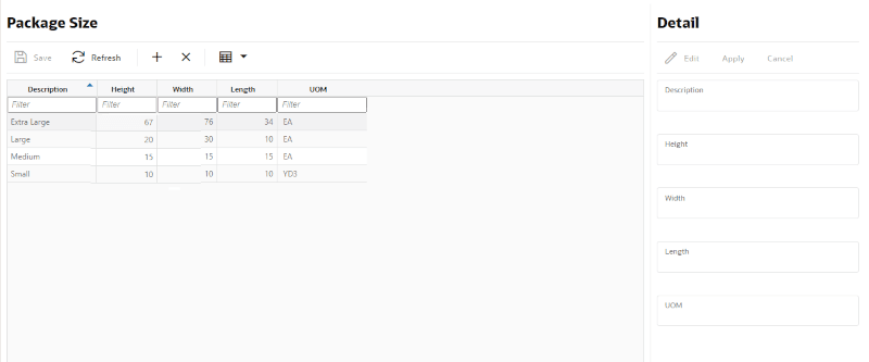 Package Size Screen Package Size Screen