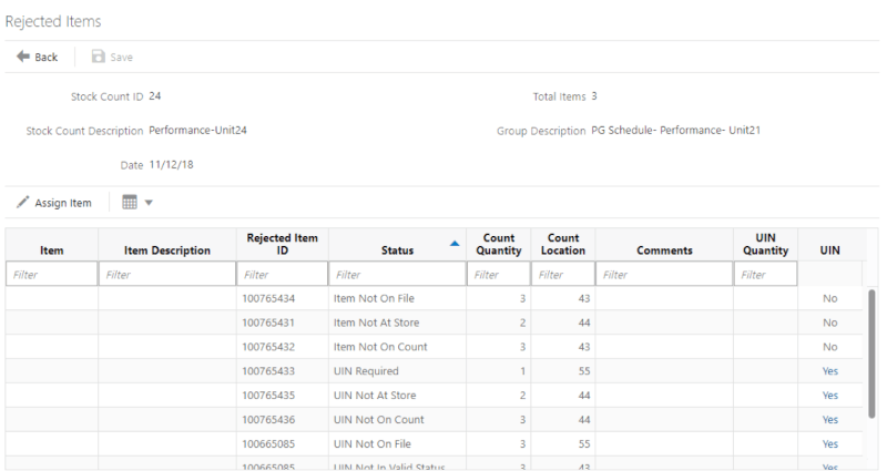 Rejected Items Screen