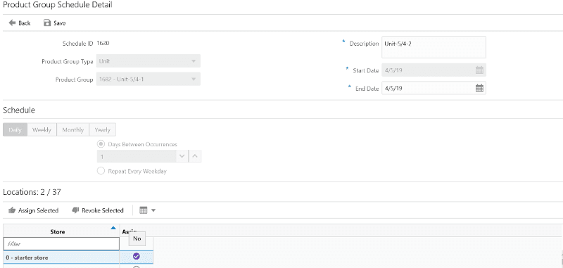Product Group Schedule Detail Screen