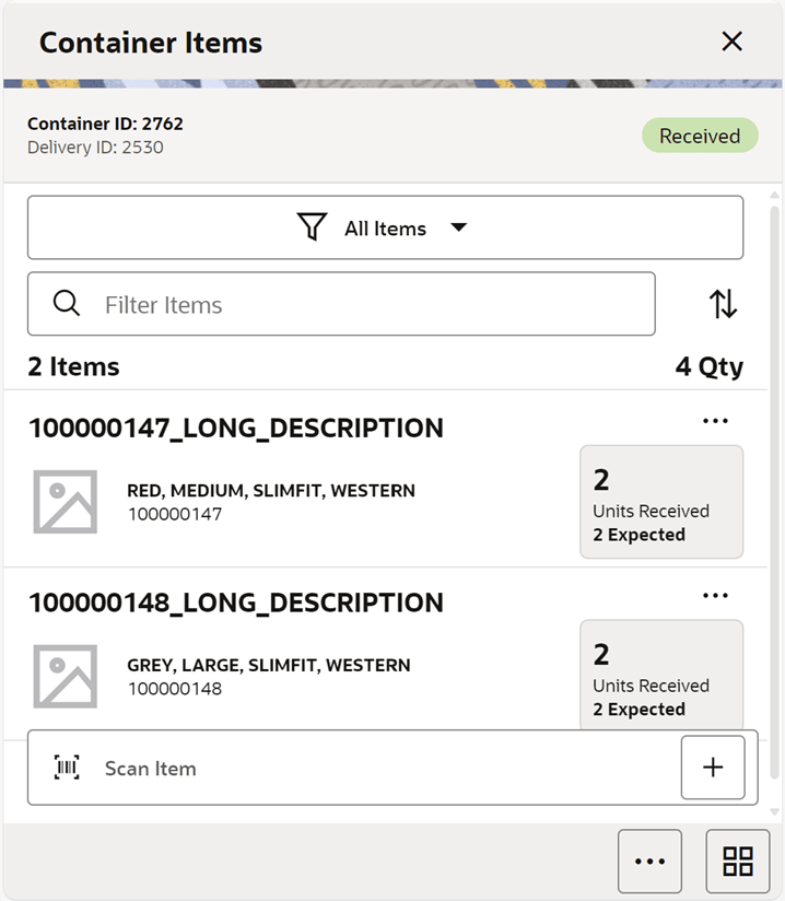 Container Items (Transfer Receiving)