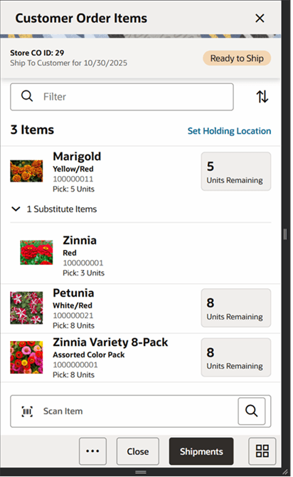 Customer Order Items Screen