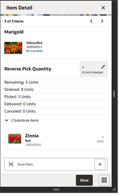 Item Detail (Customer Order Reverse Picks) Screen