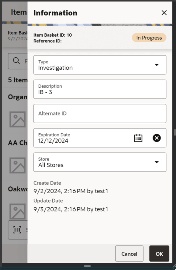 Item Basket Information Screen