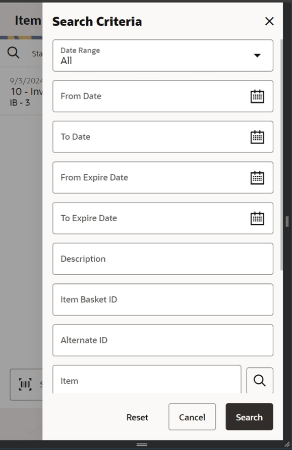 Search Criteria Screen (Item Basket)