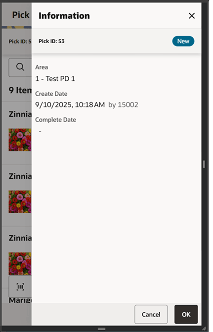 Information (Customer Order Pick) Screen