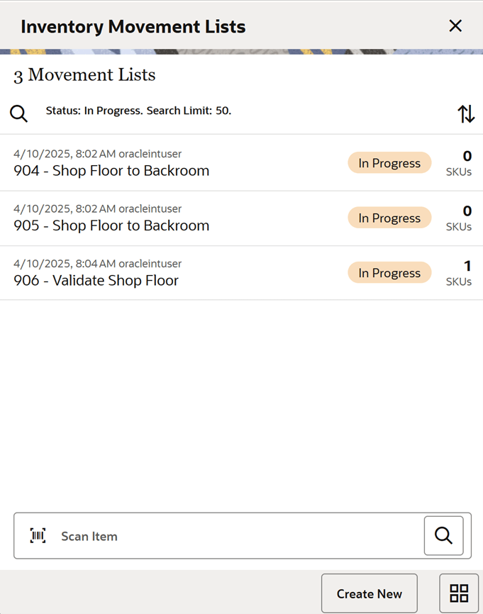 Inventory Movement Lists Screen