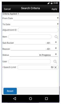 Search Criteria Screen (Inventory Adjustments)