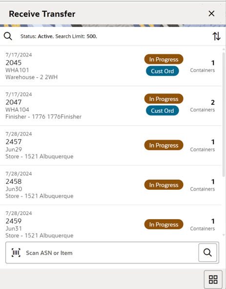Receive Transfer Screen