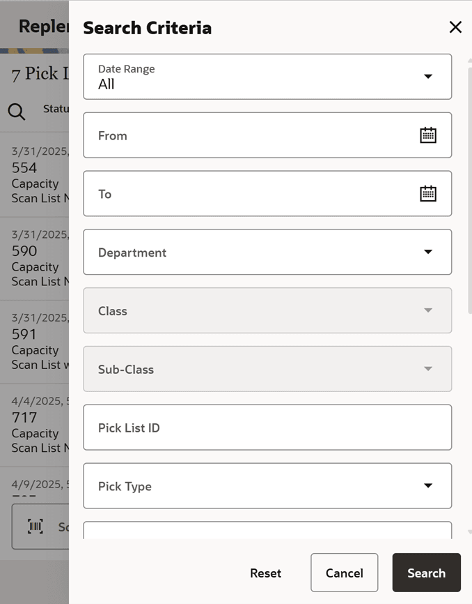 Replenishment List Search Criteria Screen
