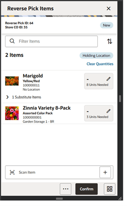 Reverse Pick Items Screen