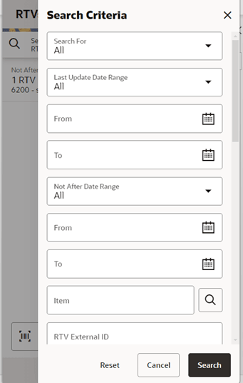 RTV Search Criteria Screen