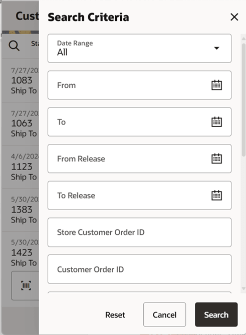Search Criteria Screen (Customer Orders)