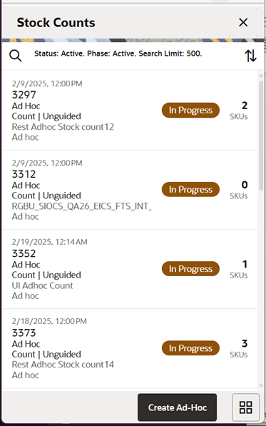 Stock Count List Screen