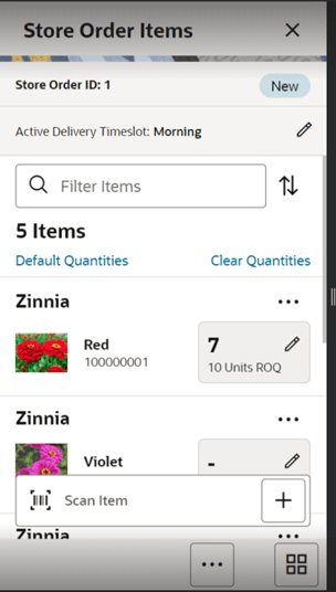 Store Order Items Screen