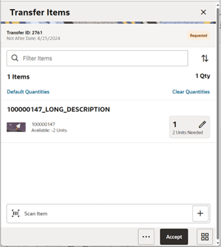 Transfer Items Screen