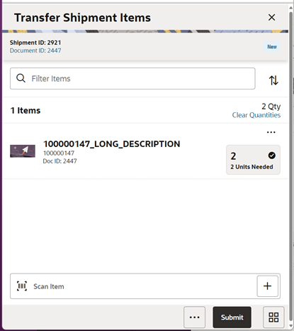 Transfer Shipment Items Screen