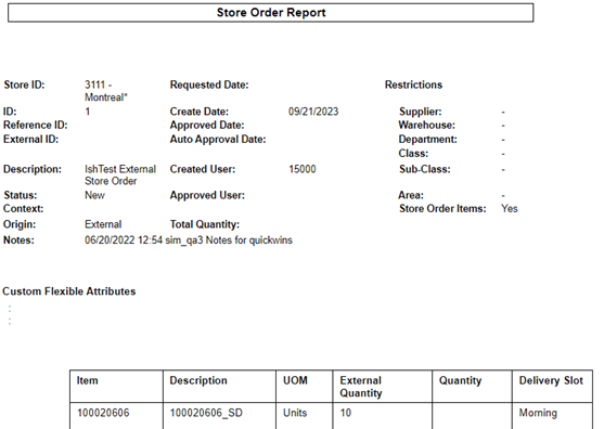 Store Order Report