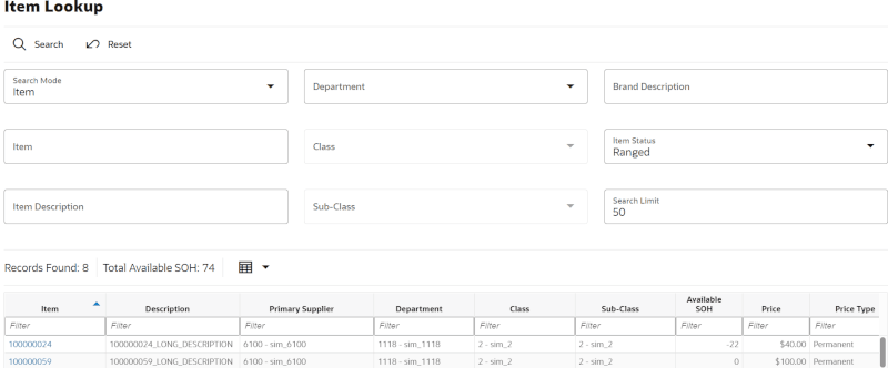 Item Lookup Screen