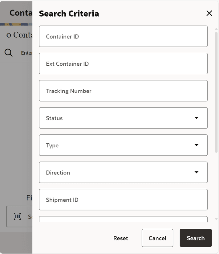 Container Search Criteria Screen
