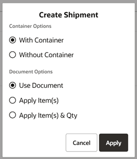 Create Shipment Popup
