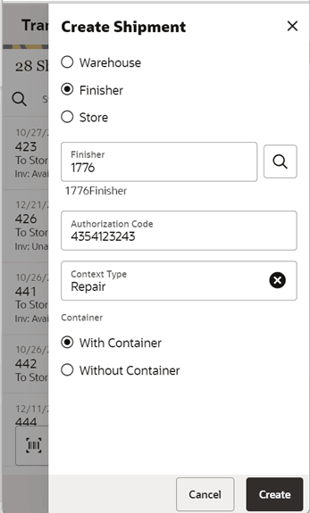 Create Shipment to a finisher