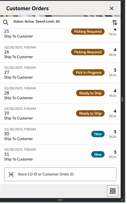 Customer Orders Screen Customer Orders Screen