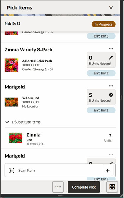 Pick Items Screen Pick Items Screen