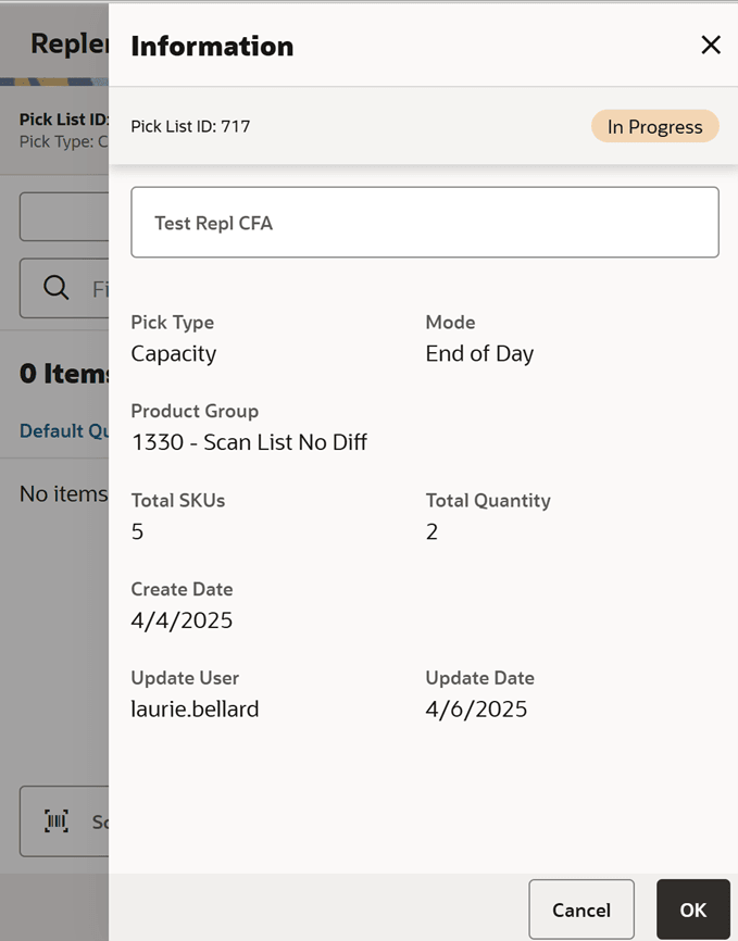 Replenishment Pick Items Info Screen