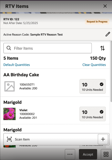 RTV Items Screen