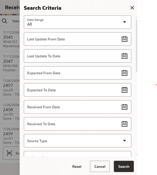 Search Criteria (Transfer Receiving) Screen