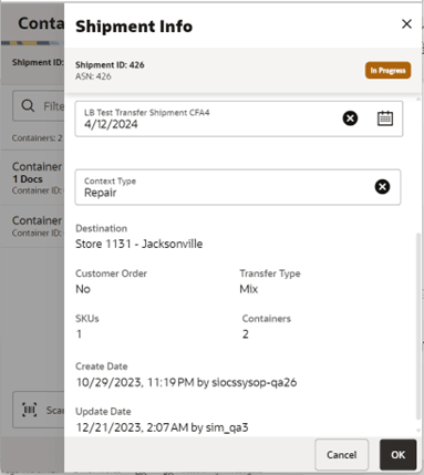 Shipment Info Popup