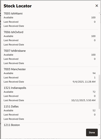 Stock Locator Screen