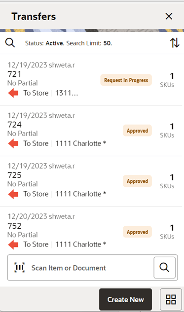 Transfer List Screen
