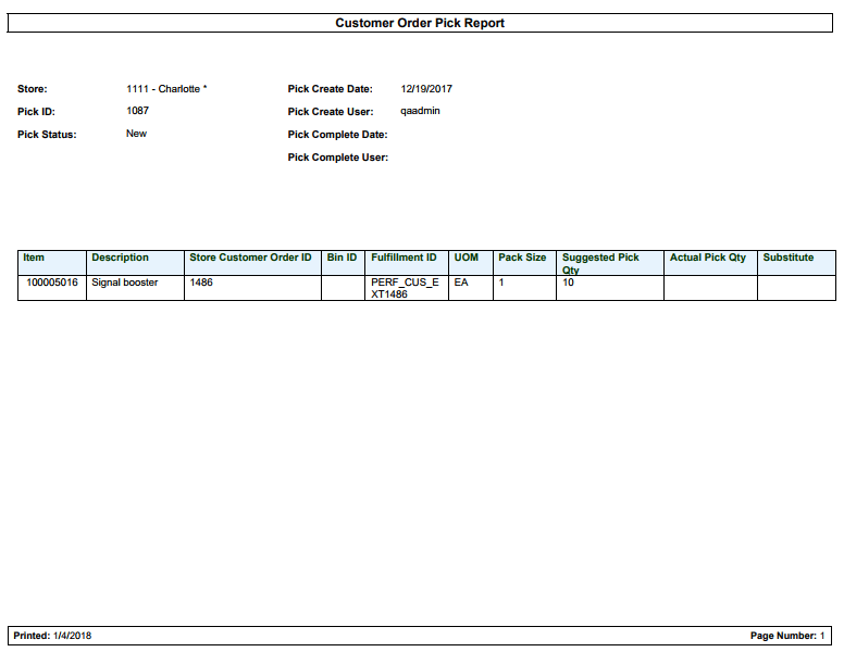 Customer Order Pick Report Customer Order Pick Report
