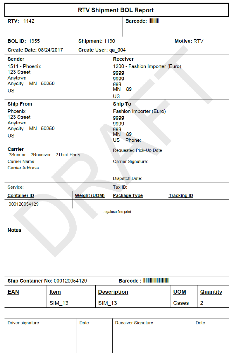 Vendor Shipment BOL Report Vendor Shipment BOL Report