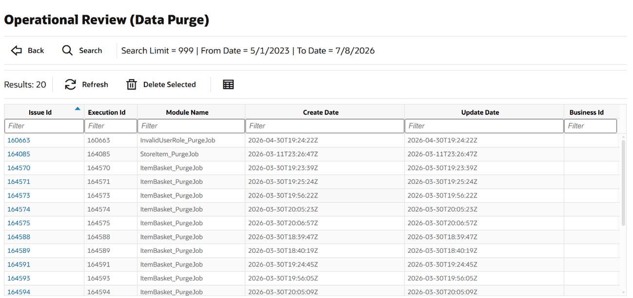 Operational Review Data Purge Screen