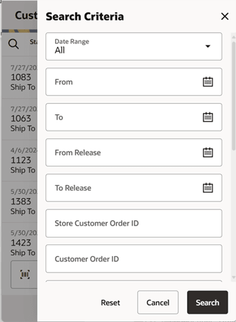 This image shows the Customer Orders Search Criteria screen.