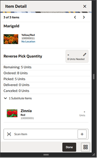 This image shows the Reverse Pick Item Detail screen.