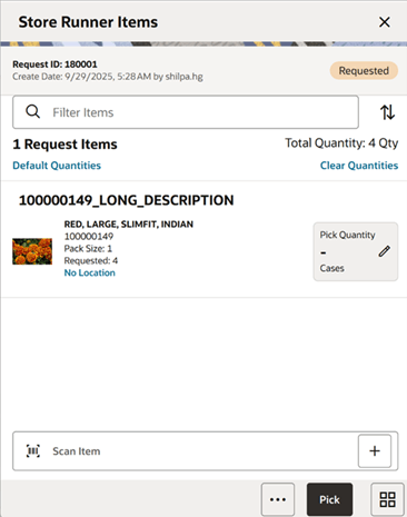 This image shows the Store Runner Items screen.