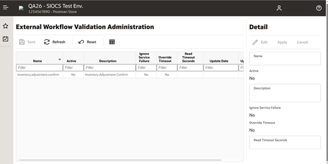 External Workflow Validation Administration screen