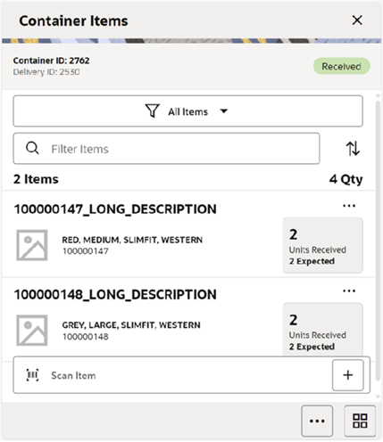 This image shows the Container Items screen.