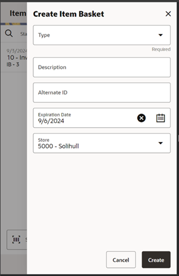 This image shows the Create Item Basket screen.