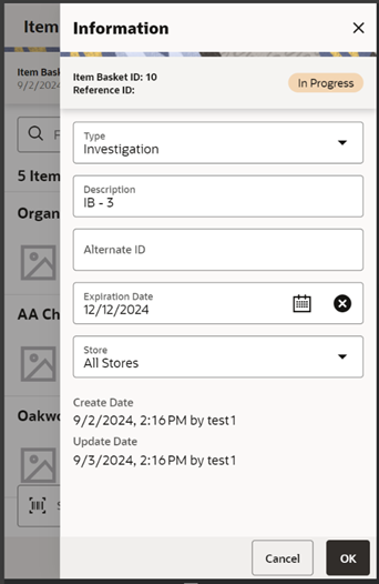 This image shows the Item Basket Information screen.