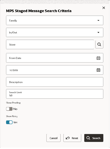 This image shows the MPS Staged Message Search Criteria screen.