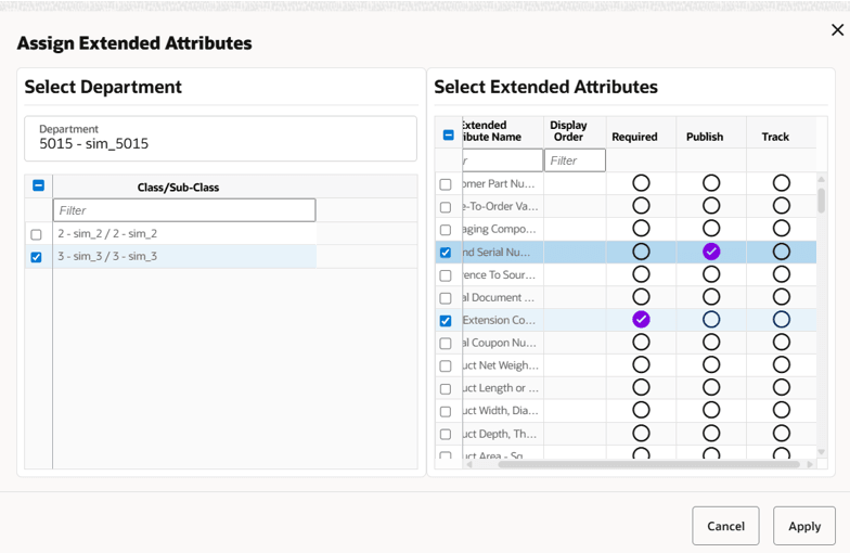 Assign Extended Attributes popup screen