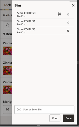 This image shows the Bins screen.