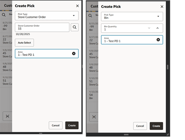 This image shows the Create Pick screen.