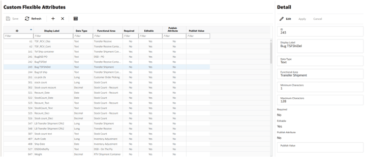 Custom Flexible Attributes screen