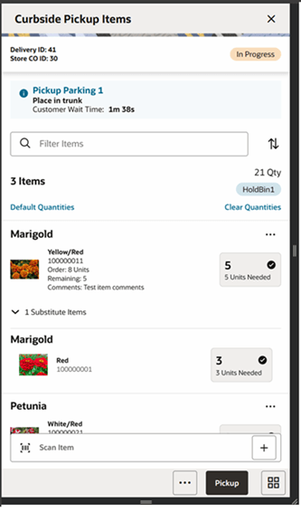 This image shows the Delivery Items screen.