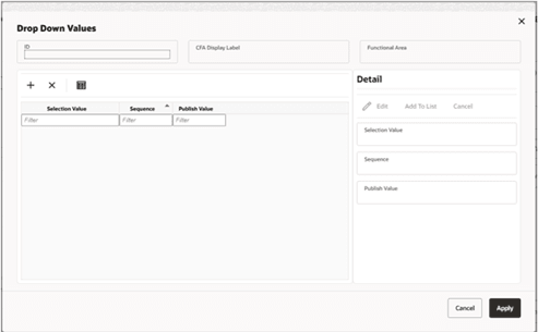 Drop Down Values screen